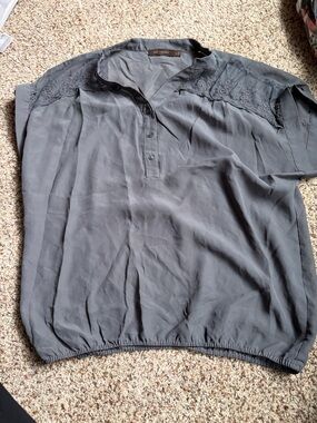 The Limited Slate Gray Short-Sleeve Blouse with Lace Yoke